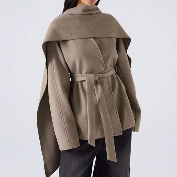 Khaki Elegant Women's Plus Size Cinched Waist Hooded Poncho Overcoat - Picture 3 of 6